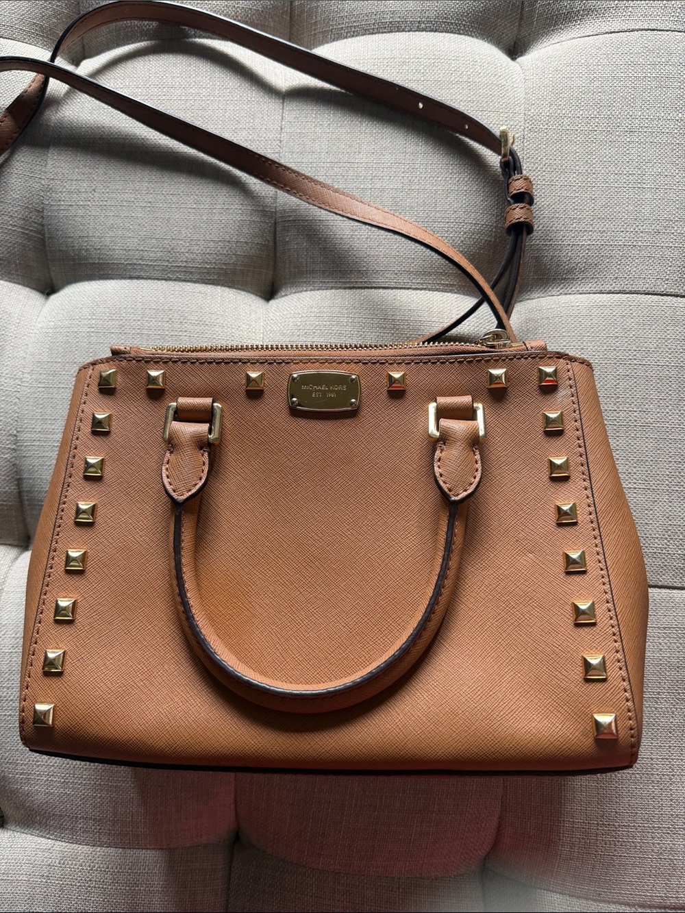 Michael Kors Brown Saffiano Leather Studded Satchel with Gold Hardware